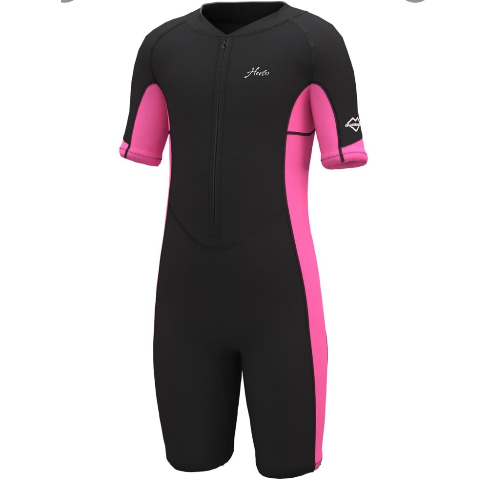 Hevto Wetsuit Shorty Girls 14 Black Pink New Neoprene Front Zip Short Sleeve